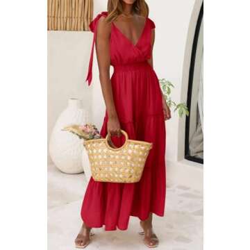 PRETTYGARDEN Women's Cross Neck Summer Sleeveless Tiered Maxi Dress Beach Tie Strap Smocked Long Dresses 2023 Pleated Sundress (Red,Medium)