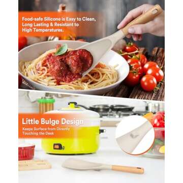 Cooking Spoon and Rice Scooper for Nonstick Cookwares, Great for Cooking and Serving Durable BPA-Free Matte Silicone, Wood Handle Spoon for Mixing, Scoop, and Scrape (KHAKI)