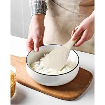 Cooking Spoon and Rice Scooper for Nonstick Cookwares, Great for Cooking and Serving Durable BPA-Free Matte Silicone, Wood Handle Spoon for Mixing, Scoop, and Scrape (KHAKI)