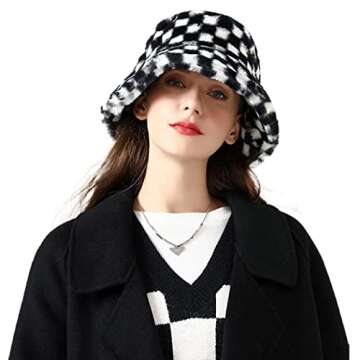 Campsis Winter Faux Bucket Hat Black Checkerboard Wool Fluffy Plush Bucket Hat Thick Fuzzy Fisherman...
