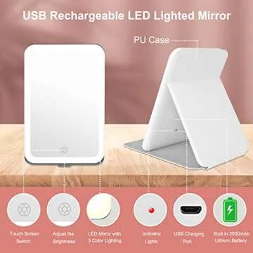 Rechargeable Travel Makeup Mirror with 72 Led Lights, Portable Lighted Mirror, 3 Color Lighting, Dimmable Touch Screen, Tabletop LED Folding Vanity Mirror, Women Gift, Travel Essentials Mirror
