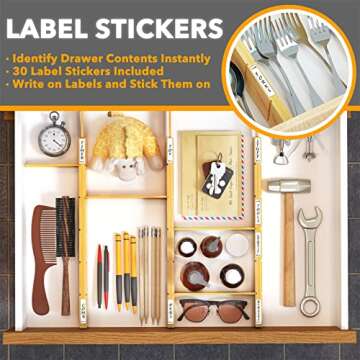 SpaceAid Bamboo Drawer Dividers with Inserts and Labels, Kitchen Adjustable Drawer Organizers, Expandable Organization for Home, Office, Dressers, 4 Dividers with 9 Inserts (13.25-17 in)