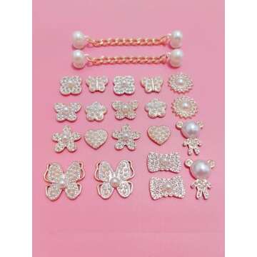 22pcs Bling Shoe Charms Pearl Butterfly Shoe Charms Kawaii Shoe Decoration Charms for Bracelet Wrist...