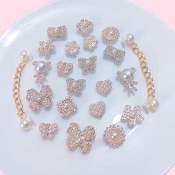 22pcs Bling Shoe Charms Pearl Butterfly Shoe Charms Kawaii Shoe Decoration Charms for Bracelet Wristband Clog Sandals for Woman Party Favors (22pcs Pearl butterfly)