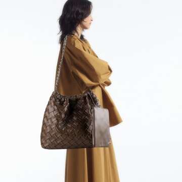 KUNGFUMA Drawstring Woven Shoulder Bag for Women, Large Vegan Leather Tote Bag Summer Beach Handbag ...