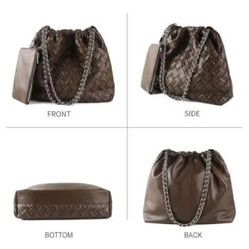 KUNGFUMA Drawstring Woven Shoulder Bag for Women, Large Vegan Leather Tote Bag Summer Beach Handbag with Purse Satchel Bag (Coffee)