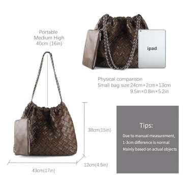 KUNGFUMA Drawstring Woven Shoulder Bag for Women, Large Vegan Leather Tote Bag Summer Beach Handbag with Purse Satchel Bag (Coffee)