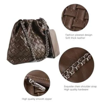 KUNGFUMA Drawstring Woven Shoulder Bag for Women, Large Vegan Leather Tote Bag Summer Beach Handbag with Purse Satchel Bag (Coffee)