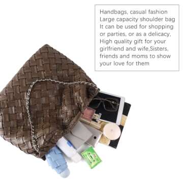 KUNGFUMA Drawstring Woven Shoulder Bag for Women, Large Vegan Leather Tote Bag Summer Beach Handbag with Purse Satchel Bag (Coffee)