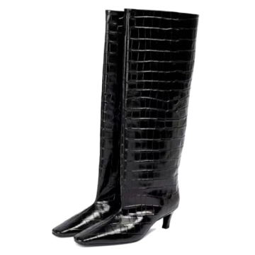 Beauty Cry Crocodile Black Knee High Boots Women Square Toe Low Kitten Heel Tall Boots