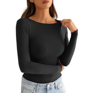 EasyGala Womens Boat Neck Long Sleeve Shirts Ruched Double Lined Top Fitted Basic Tight Tee Spring F...