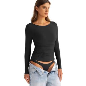 EasyGala Womens Boat Neck Long Sleeve Shirts Ruched Double Lined Top Fitted Basic Tight Tee Spring Fall Clothes 2025 Black