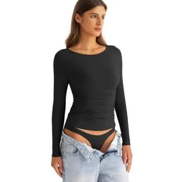 EasyGala Womens Boat Neck Long Sleeve Shirts Ruched Double Lined Top Fitted Basic Tight Tee Spring Fall Clothes 2025 Black