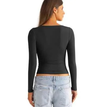 EasyGala Womens Boat Neck Long Sleeve Shirts Ruched Double Lined Top Fitted Basic Tight Tee Spring Fall Clothes 2025 Black