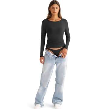 EasyGala Womens Boat Neck Long Sleeve Shirts Ruched Double Lined Top Fitted Basic Tight Tee Spring Fall Clothes 2025 Black