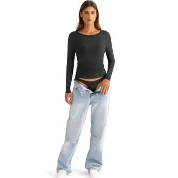 EasyGala Womens Boat Neck Long Sleeve Shirts Ruched Double Lined Top Fitted Basic Tight Tee Spring Fall Clothes 2025 Black