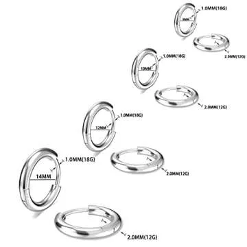 316L Surgical Stainless Steel Small Hoop Earrings 8mm 10mm 12mm 14mm Hypoallergenic Huggie Hoop Earr...