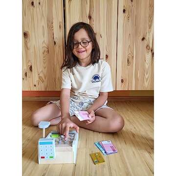 Wooden Cash Register Set by Small Foot – Includes Push Buttons, Credit Card, Scanner & Paper Money...