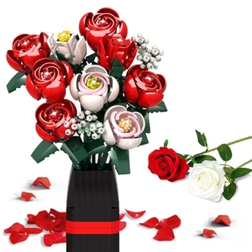 Roses Flower Bouquet Building Kit, 841PCS Red Roses Artificial Flowers with Vase, Botanical Collecti...
