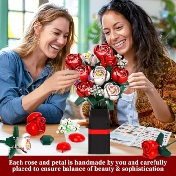 Roses Flower Bouquet Building Kit, 841PCS Red Roses Artificial Flowers with Vase, Botanical Collection Forever Rose Toy for Adults, Kids, Valentine's Unique DIY Gifts for Women, Her, Him Anniversaries