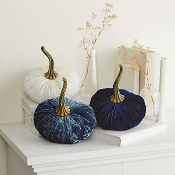 Set of 3 Velvet 6.25 Inch Pumpkins, baby boy blue shower nursery, fall home decor, elegant luxe for ...