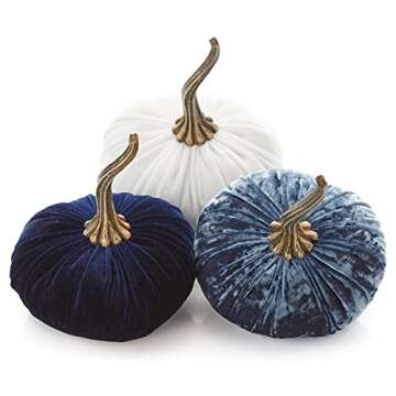 Set of 3 Velvet 6.25 Inch Pumpkins, baby boy blue shower nursery, fall home decor, elegant luxe for tablescape, wedding centerpiece, autumn cozy vibe (Luxe Indigo, Navy, & Ivory)