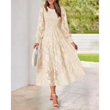 BTFBM Casual Women's 2025 Fall Dresses Elegant Wedding Guest Dress Long Sleeve Floral Midi Dress Flowy Bohemian Long Dress(Apricot,Large)