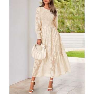 BTFBM Casual Women's 2025 Fall Dresses Elegant Wedding Guest Dress Long Sleeve Floral Midi Dress Flowy Bohemian Long Dress(Apricot,Large)