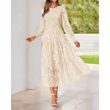 BTFBM Casual Women's 2025 Fall Dresses Elegant Wedding Guest Dress Long Sleeve Floral Midi Dress Flowy Bohemian Long Dress(Apricot,Large)