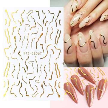 12 Sheets Line Nail Stickers 3D Self-Adhesive Gold Nail Decals, Colorful Wavy Stripe Lines Star Moon...