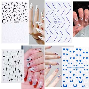 12 Sheets Line Nail Stickers 3D Self-Adhesive Gold Nail Decals, Colorful Wavy Stripe Lines Star Moon Heart Nail Designs French Nail Art Stickers for Women Girls Acrylic Nails Decoration Supplies
