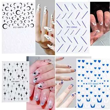 12 Sheets Line Nail Stickers 3D Self-Adhesive Gold Nail Decals, Colorful Wavy Stripe Lines Star Moon Heart Nail Designs French Nail Art Stickers for Women Girls Acrylic Nails Decoration Supplies