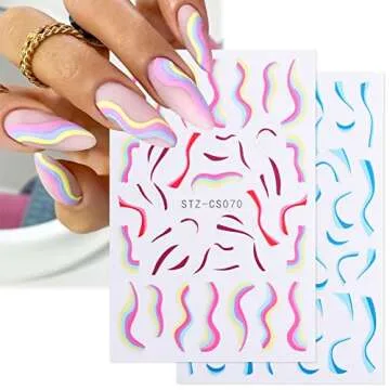 12 Sheets Line Nail Stickers 3D Self-Adhesive Gold Nail Decals, Colorful Wavy Stripe Lines Star Moon Heart Nail Designs French Nail Art Stickers for Women Girls Acrylic Nails Decoration Supplies