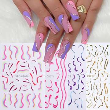 12 Sheets Line Nail Stickers 3D Self-Adhesive Gold Nail Decals, Colorful Wavy Stripe Lines Star Moon Heart Nail Designs French Nail Art Stickers for Women Girls Acrylic Nails Decoration Supplies
