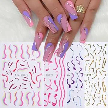 12 Sheets Line Nail Stickers 3D Self-Adhesive Gold Nail Decals, Colorful Wavy Stripe Lines Star Moon Heart Nail Designs French Nail Art Stickers for Women Girls Acrylic Nails Decoration Supplies