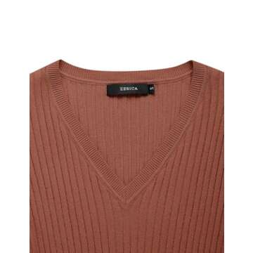 ZESICA Women's Spring Sweater Dress V Neck Long Sleeve Ribbed Knit Tie Waist Slim Fit Bodycon Midi Dresses,Redbrown,Medium