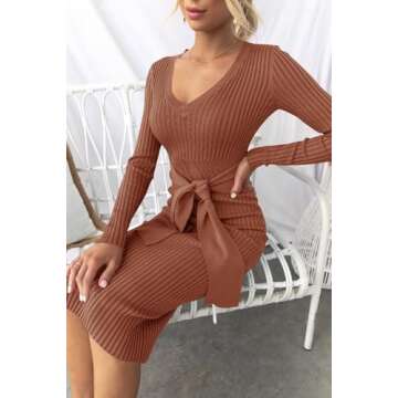 ZESICA Women's Spring Sweater Dress V Neck Long Sleeve Ribbed Knit Tie Waist Slim Fit Bodycon Midi Dresses,Redbrown,Medium