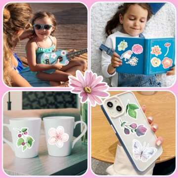 Flower Stickers 50 Pcs, Vinyl Waterproof Cute Plant Floral Stickers for Scrapbook Journal Water Bott...
