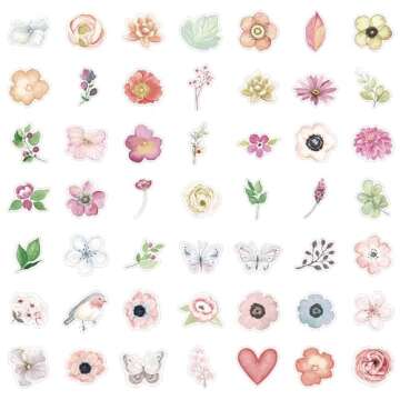 50 Cute Waterproof Flower Stickers for Crafts and Decor
