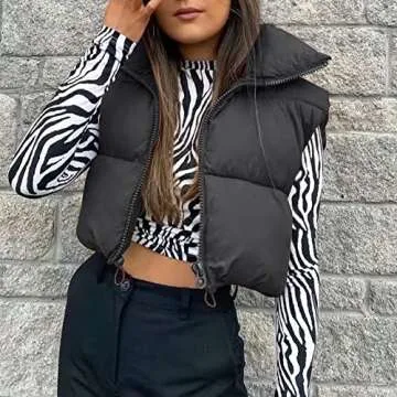 Hixiaohe Women's Winter Crop Vest Puffer Lightweight Stand Collar Padded Vest Zip Up Sleeveless Jacket(Black,XS)