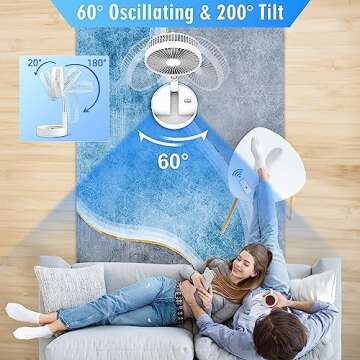 LIPETY Portable Foldable Rechargeable Oscillating Fan - 8" 7200mah Battery Operated USB C Small Fan Remote, Quiet Table Desk Fan Folding Standing Pedestal Fan for Bedroom Rome Office Camping Travel