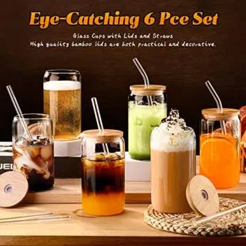 Glass Cups with Lids and Straws 6 pcs, 16 oz-DWTS Cute Tumbler,Beer Drinking Glasses,Clear for Iced Coffee, Tea with Bamboo Lids for Gifts