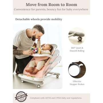 CuddoBaby Baby Bouncer 4-in-1 with Wheels, Detachable Piano, Feeding Tray, Play Bar, Thick Base. 3-Level Incline Portable Seat for Infant to Toddler 0-6, 0-12, 12-24 Months, Upto 29Lbs - Pink