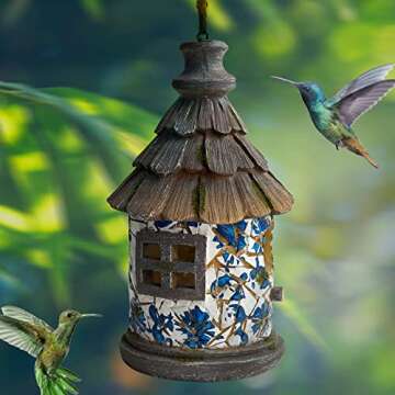 OUSHUAI Bird House for Outdoor with Pole Garden Decor Hanging Birdhouses Weatherproof BirdNest for Outside Bluebird, Finch, Wren, Chickadee, Wild Birds Big Size Resin White Bule