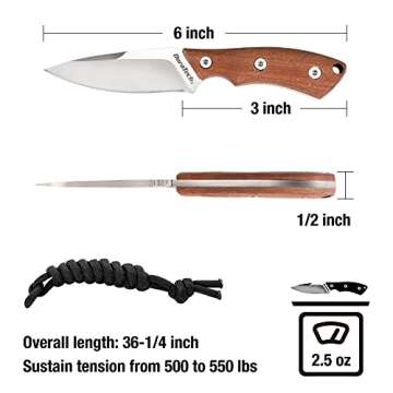 DURATECH Compact Fixed Blade Knife, 6-inch Neck Knife, 3-inch Blade, Full Tang, Wood Handle with Molded Sheath, Necklace and Paracord included, for EDC, Outdoor, Camping, Hiking
