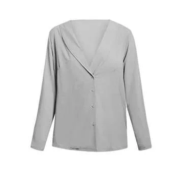 Women 2018 Fashion Shirts Turn-Dwon Collar Tops Casual Gray Button Down Blouse Roll up Long SleeveXL 16 18