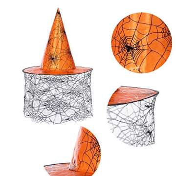 Halloween Vintage Witch Hat for Women, Dark See-through Lace Veils Cobweb Sequins Foldable Witches H...