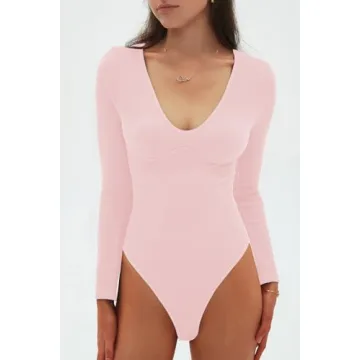 CHYRII V Neck Bodysuit Women Long Sleeve Shirt in Pale Pink