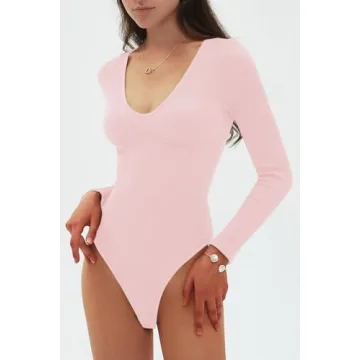 CHYRII V Neck Bodysuit Women Long Sleeve Shirt in Pale Pink