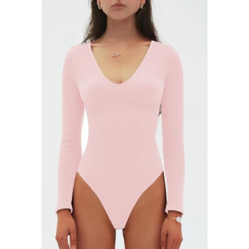 CHYRII V Neck Bodysuit Women Long Sleeve Shirt in Pale Pink